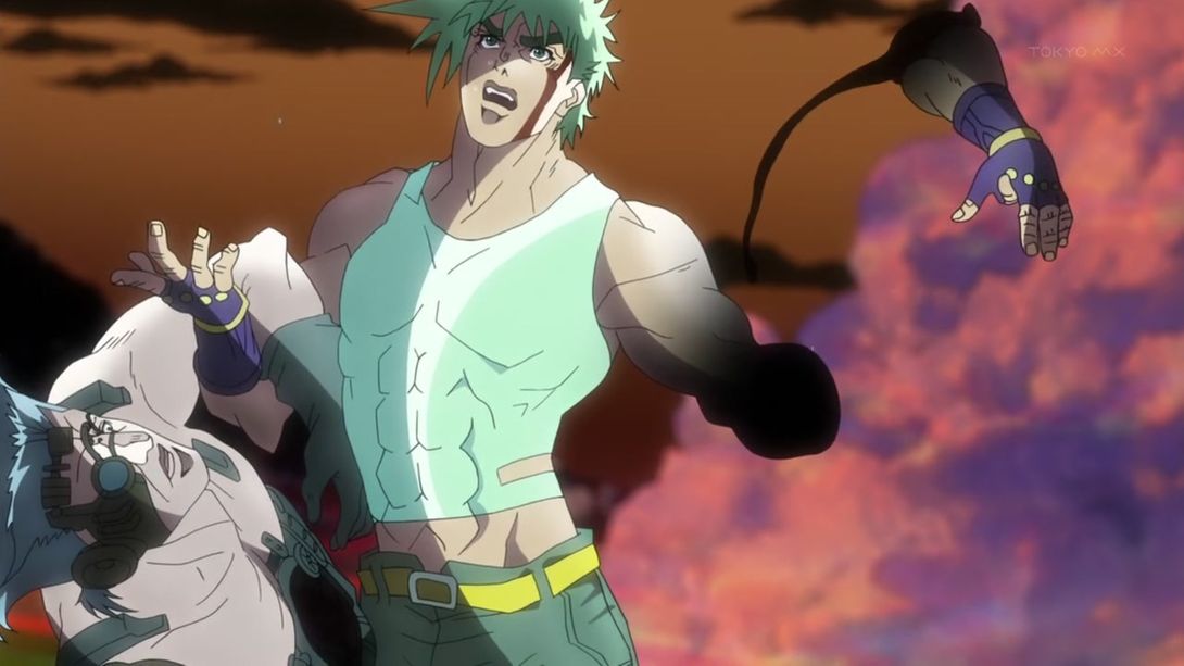 Joseph is doing a JoJo pose and his arms is up showing his armpits